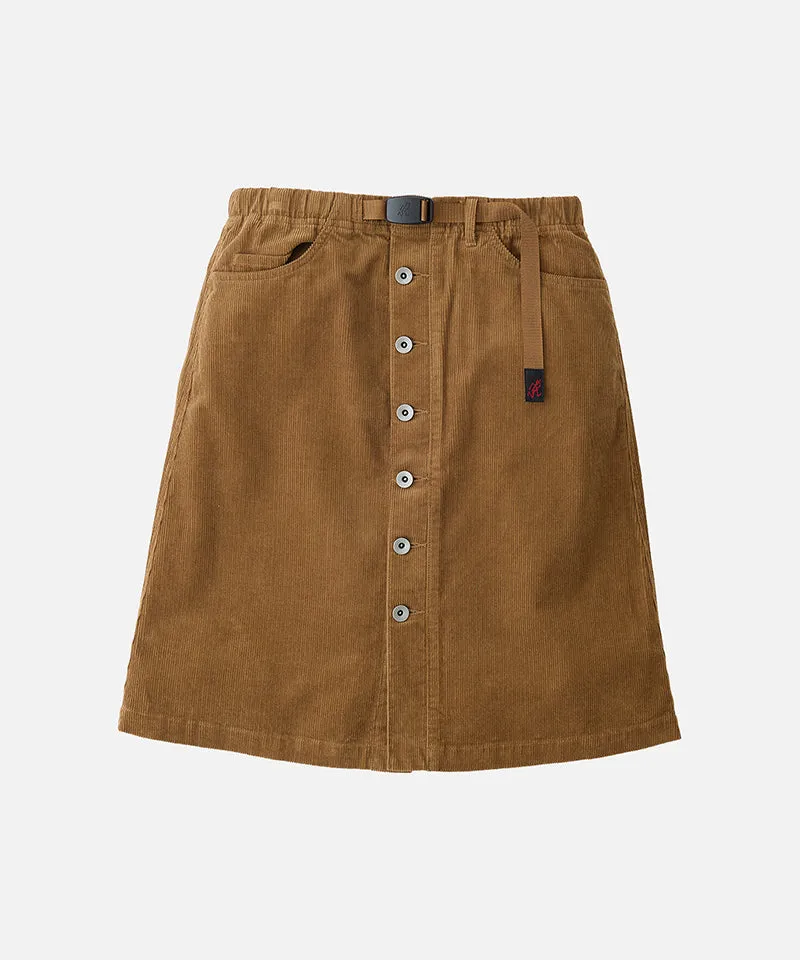 Rok midi wanita corduroy 3RAJA warna camel dan olive dengan kancing depan