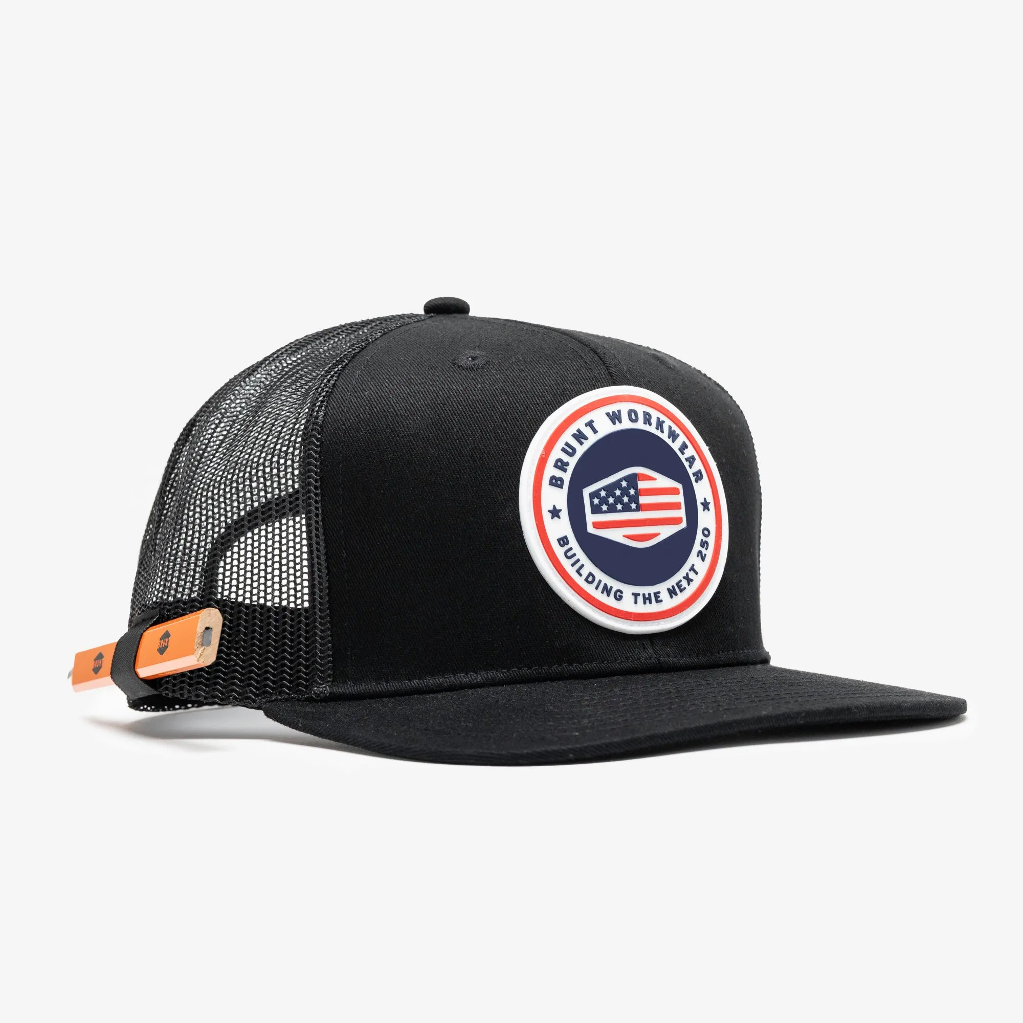 MERPATI77 Flat Brim Snapback hitam dengan detail tempat pensil yang unik