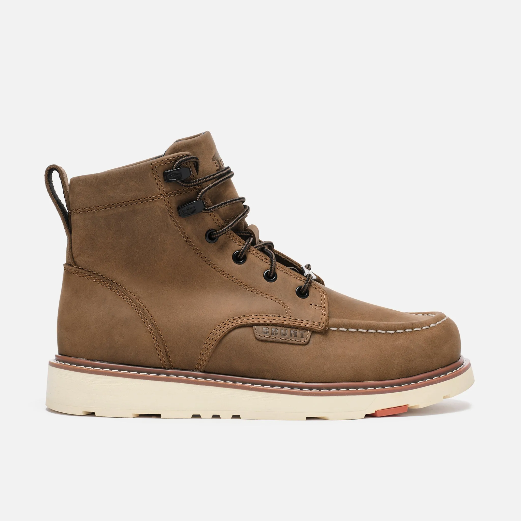 Tampak samping kanan sepatu boot kerja kulit coklat SLOTRAJA777 The Marin unlined soft toe