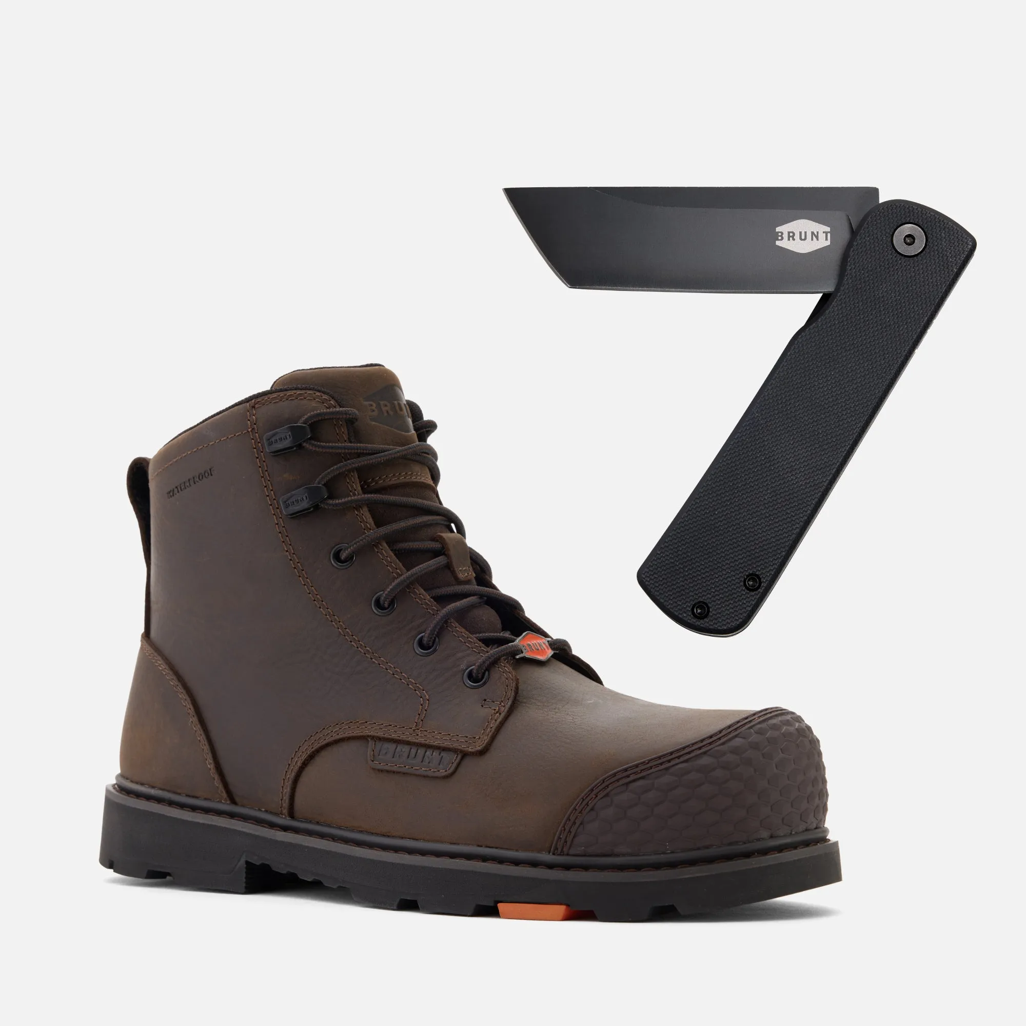 The Sullivan Waterproof Work Boot dark brown dan pisau saku dari GENDUTQQ