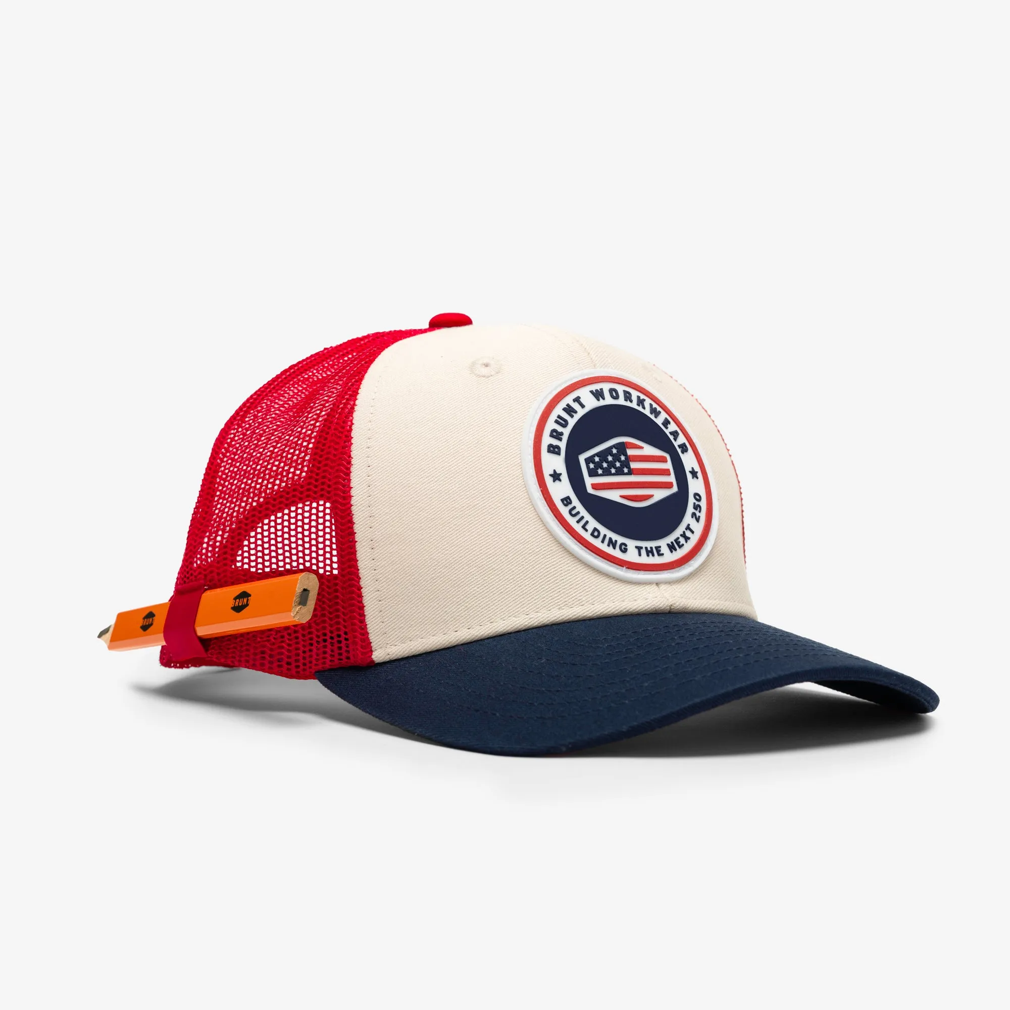 Topi snapback lengkung edisi terbatas merah putih biru dengan logo PERKASAJITU dan holder pensil